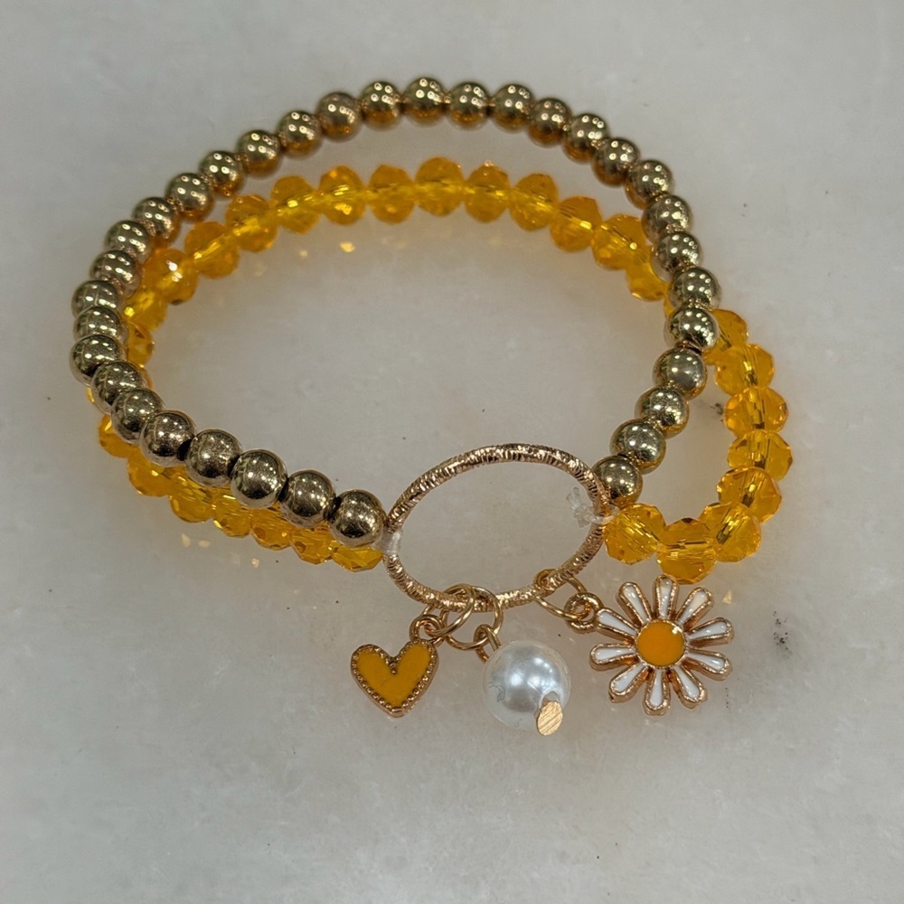 Yellow Beaded Charm Bracelet Set with Daisy & Pearl Charms